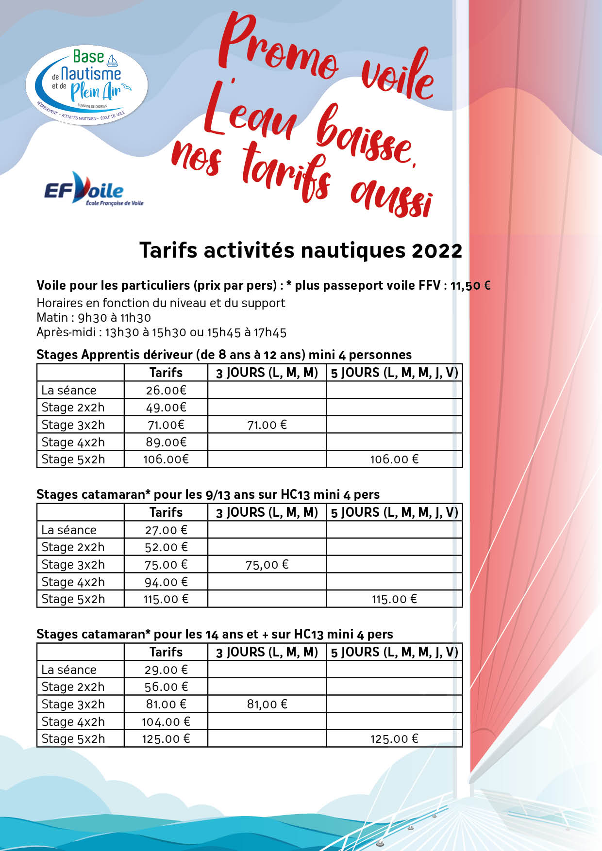 Tarifs promotionnels activités nautiques août 2022